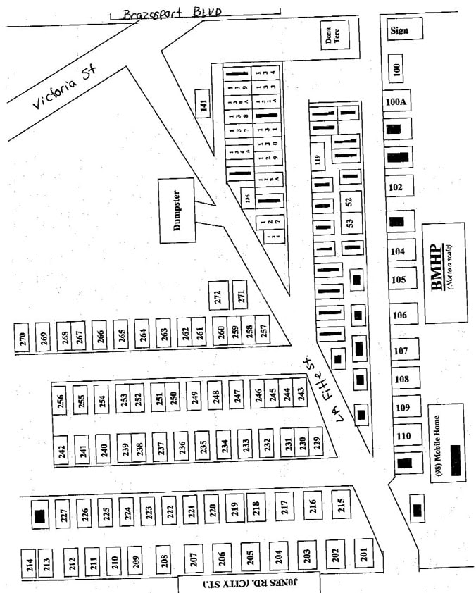 Brazos Mobile Home Park map showing all RV sites and amenities